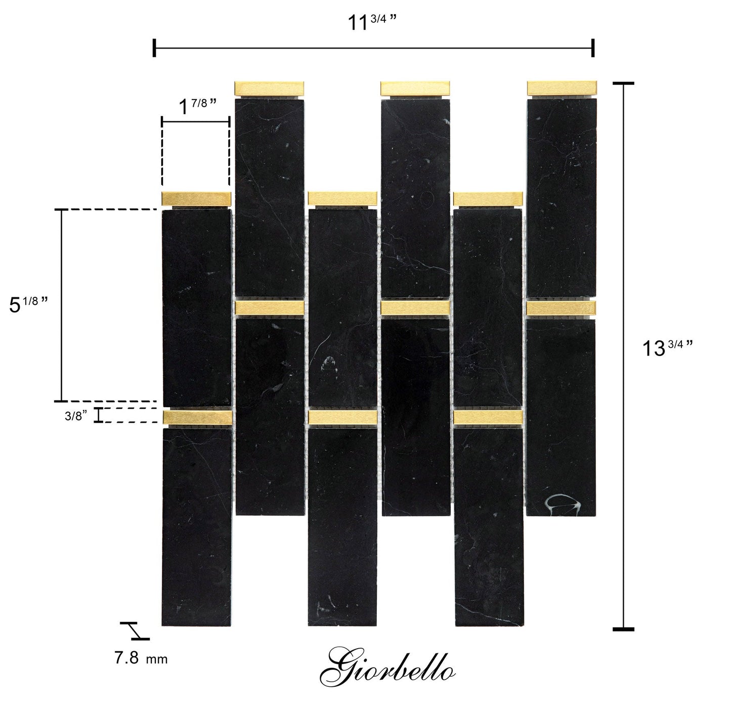 White Marble with Black and Gold Trim Subway Tile