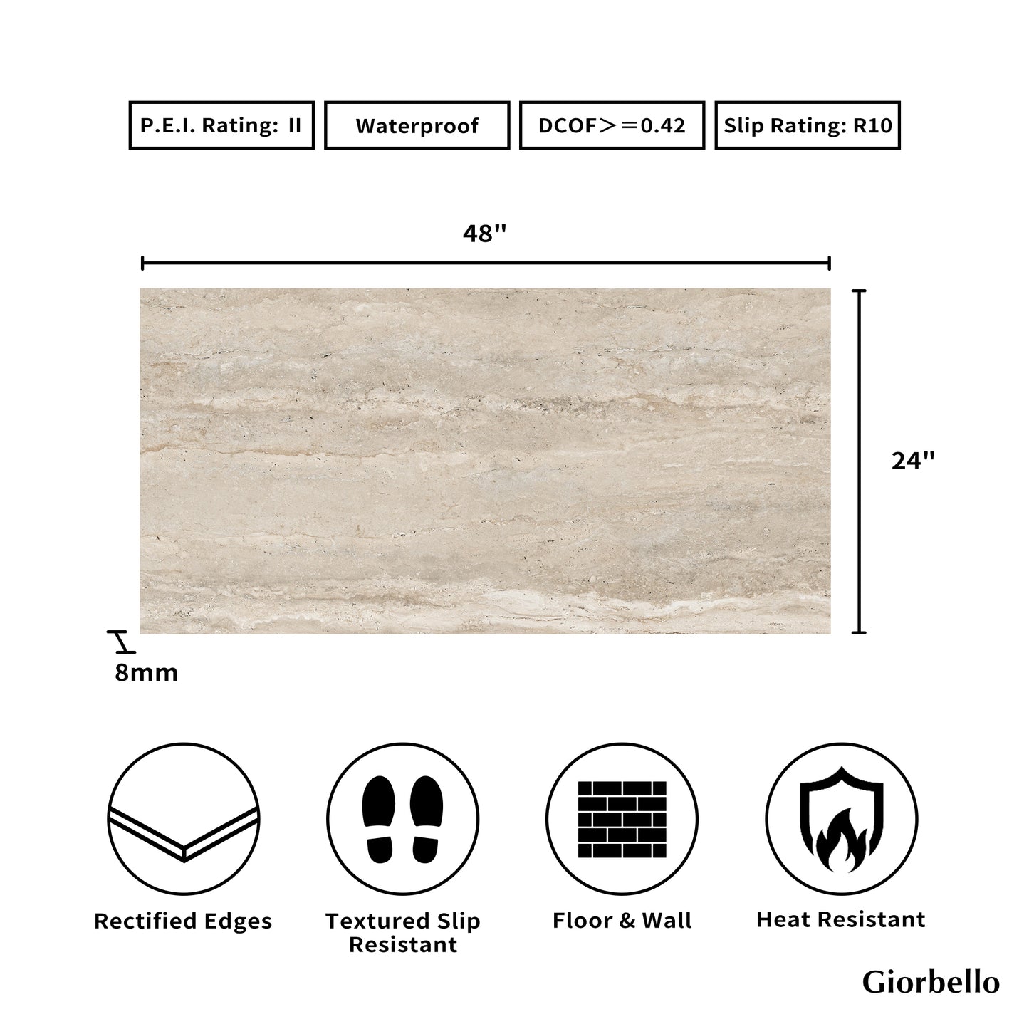 24" x 48" American Travertine Matte Porcelain Floor and Wall Tile
