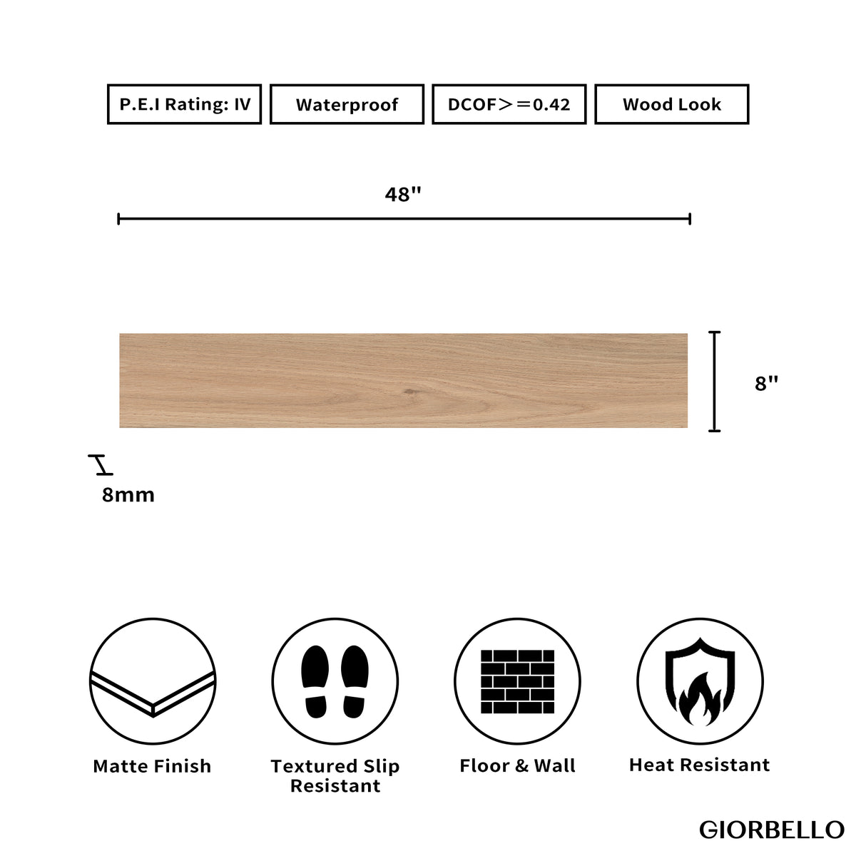 8" x 48" American Arborix Matte Wood Look Porcelain Floor and Wall Tile
