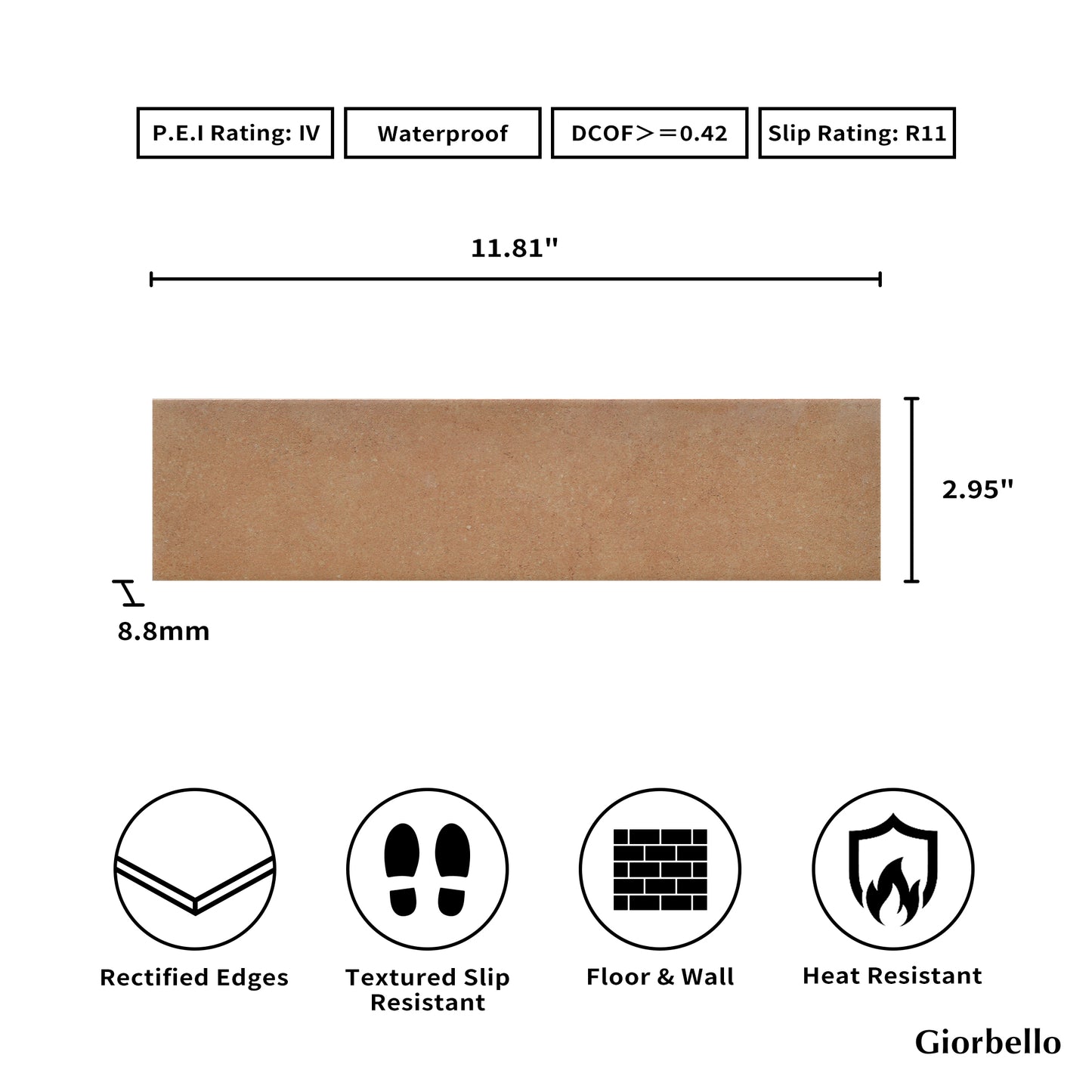 3" x 12" Spanish Nok Matte Porcelain Floor and Wall Tile