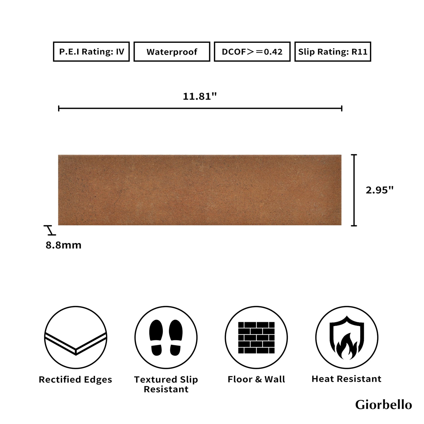 3" x 12" Spanish Nok Matte Porcelain Floor and Wall Tile