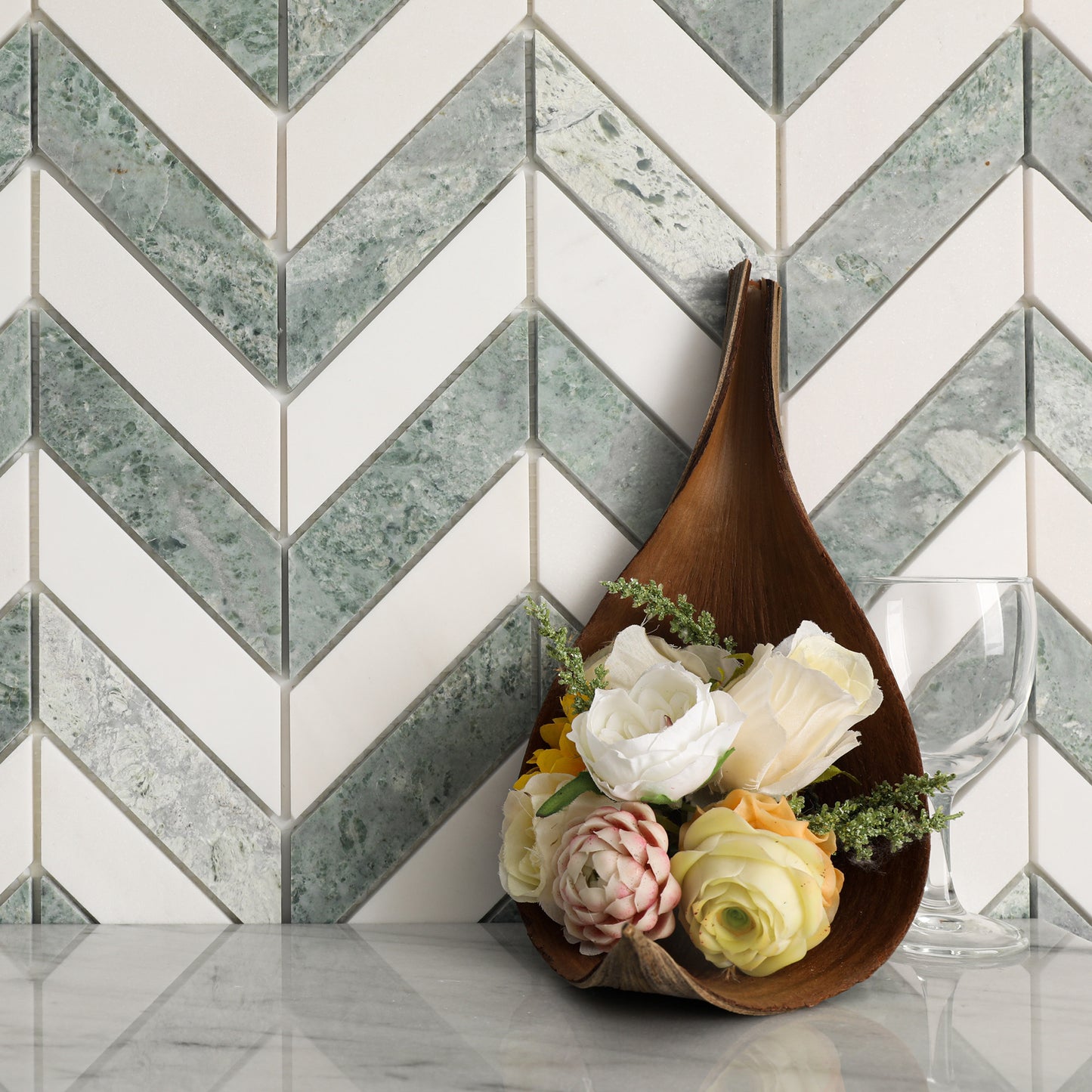 14.88" x 12.72" Chevron Honed Marble Floor and Wall Mosaic Tile
