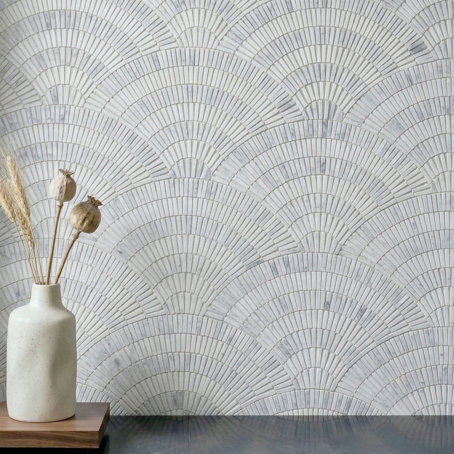 15" x 8.88" Fish Scale Fan Art Deco Honed Marble Floor and Wall Mosaic Tile