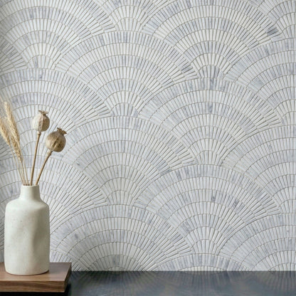 15" x 8.88" Fish Scale Fan Art Deco Honed Marble Floor and Wall Mosaic Tile