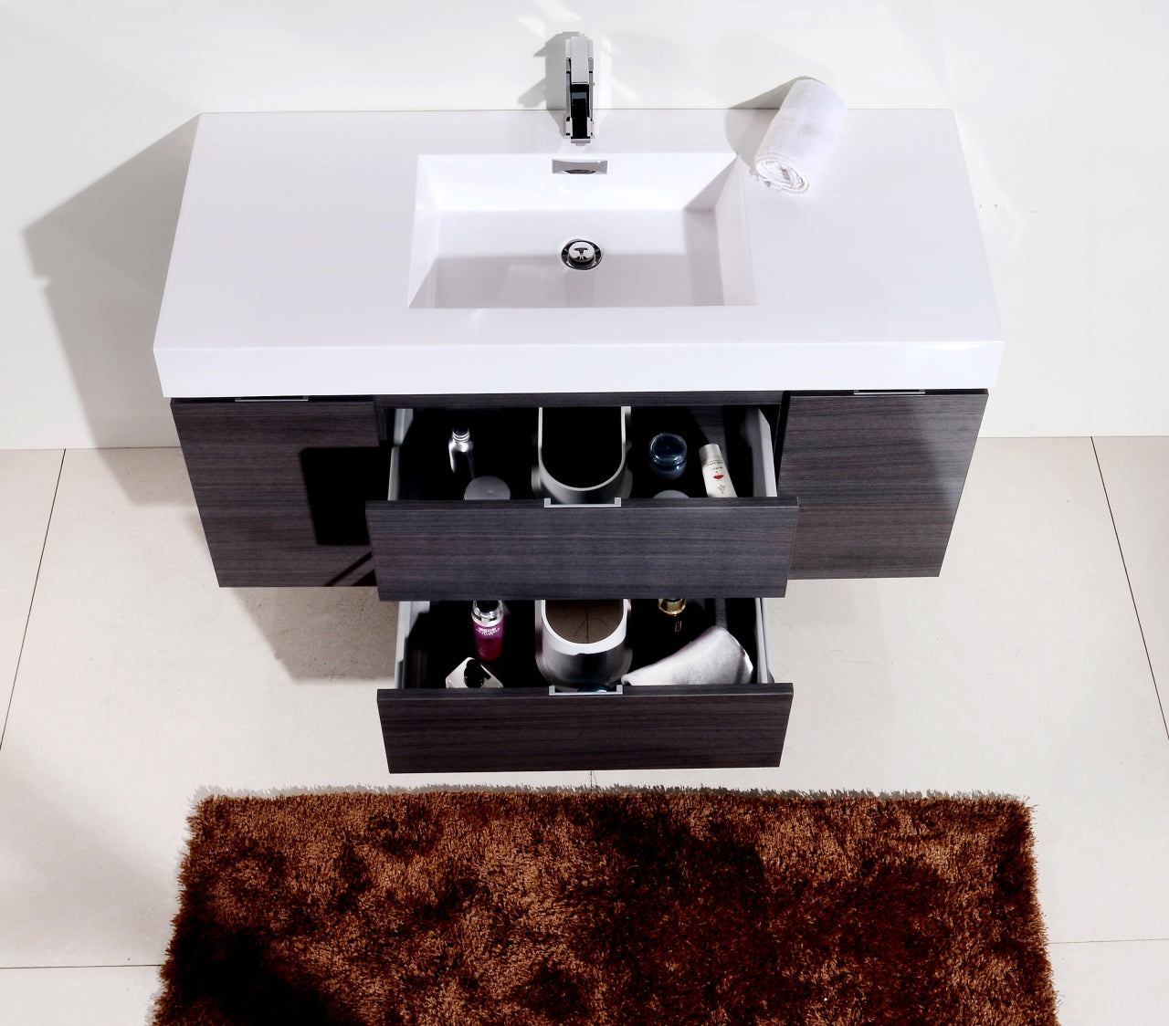 Wall-Mount Bathroom Vanity in Gray Oak with Storage