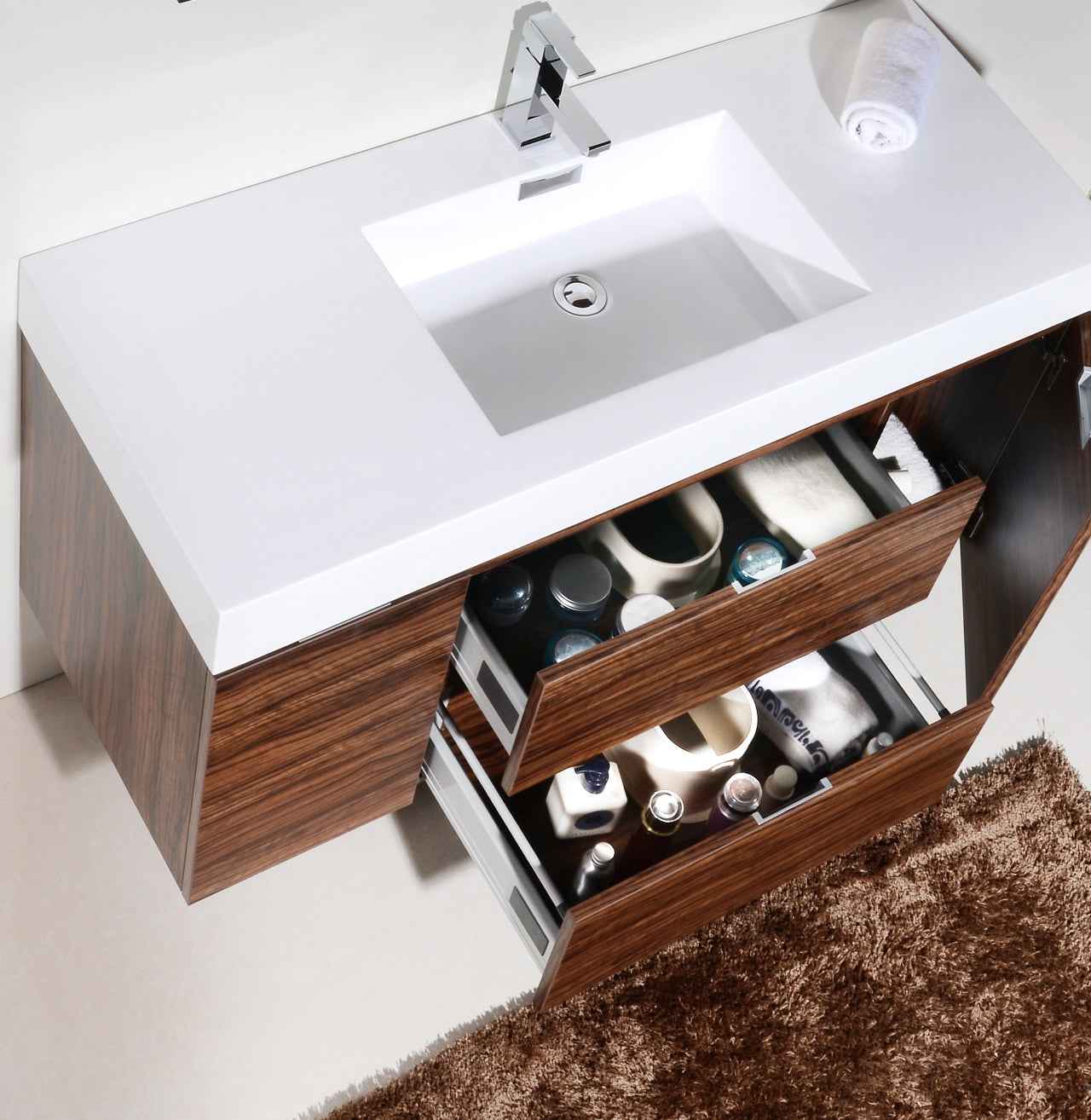 Walnut Wall Mount Bathroom Vanity for Small Modern Bathrooms